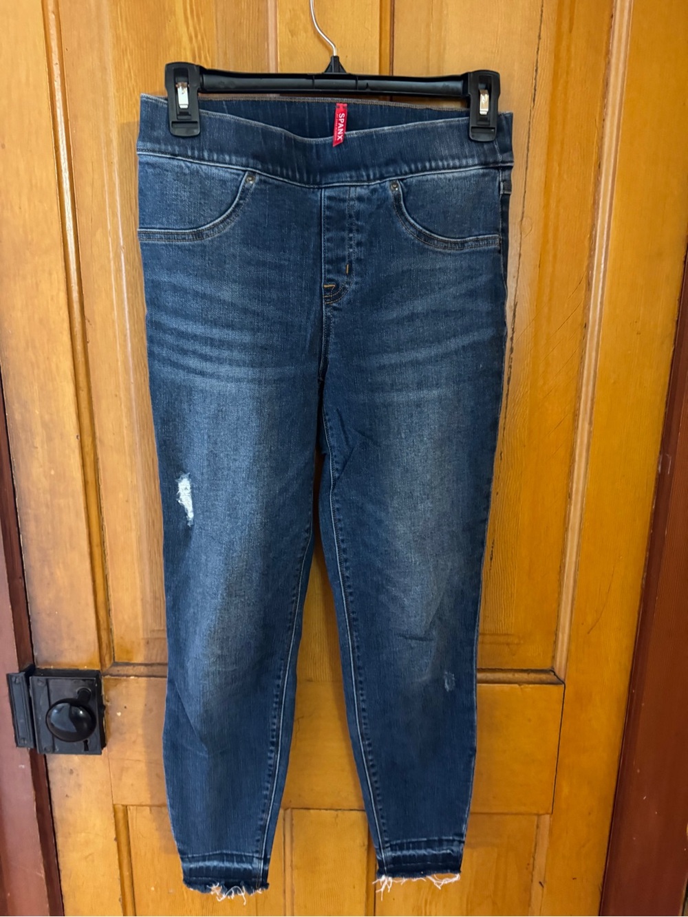 SPANX Dark Blue Stretch Skinny Jeggings with Subtle Distress